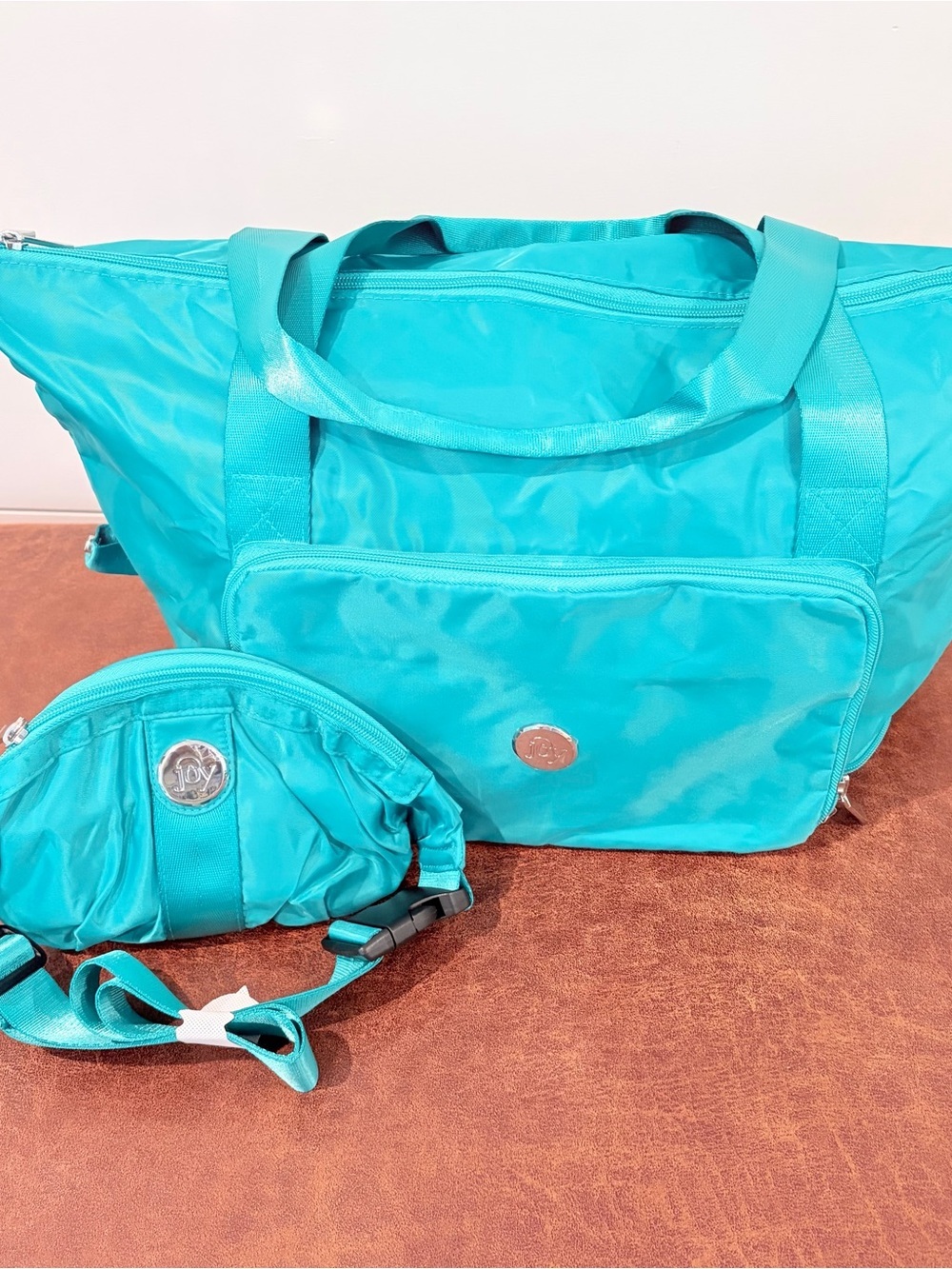 Joy Teal Nylon Travel Tote & Belt Bag Set Y2K Sportcore Coastalcore Vacation Gym - Picture 4 of 15
